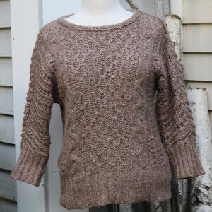LOFT Mocha Brown Chunky Knit Zipper Shoulder 3/4 Sleeve Sweater Sz SMALL